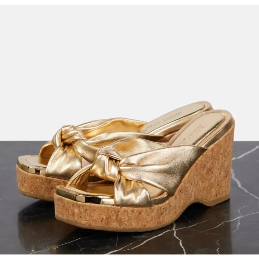Jimmy Choo Avenue‎ Metallic Leather Cork Wedge Sandals Gold 37